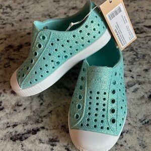 Native Shoes Kids Water Shoes in Glittery Teal and White